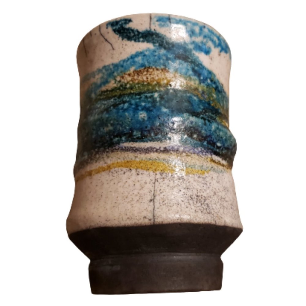 Raku Landscape Cup Handmade Japanese Pottery Local CA Artist Tan Blue Pre-owned
